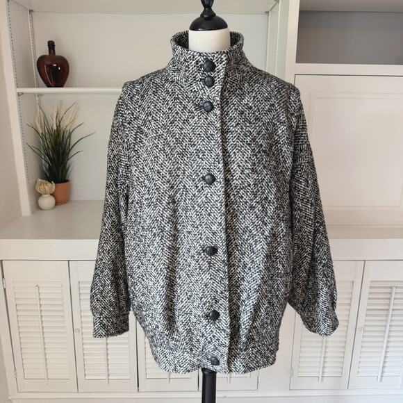 Vintage 80s 90s Deb Black White Wool Herringbone Tweed Jacket Size M/L - Picture 1 of 10